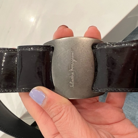 Salvatore FERRAGAMO BLACK/brown patent leather double box belt 95cm - Picture 5 of 12